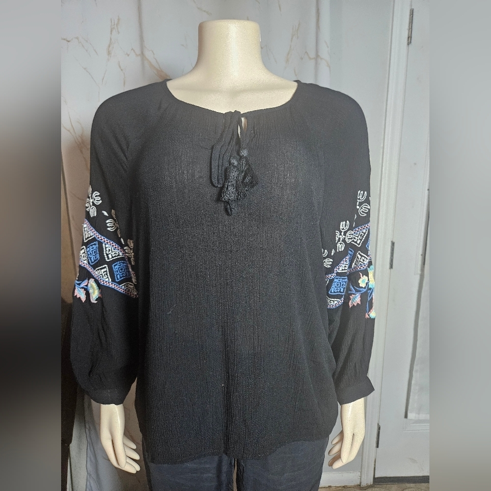 Chic Black Blouse with Embroidered Sleeves